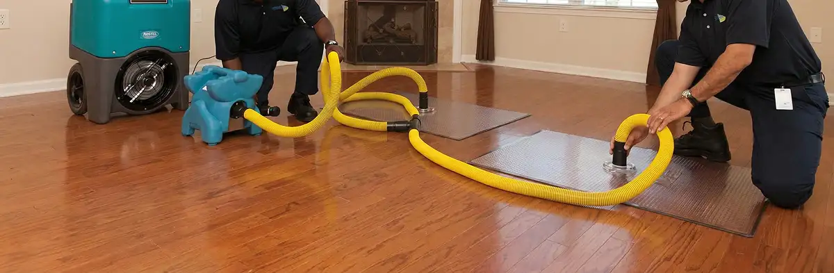 emergency water removal technicians extracting standing water from a home using professional equipment in Jersey City, NJ