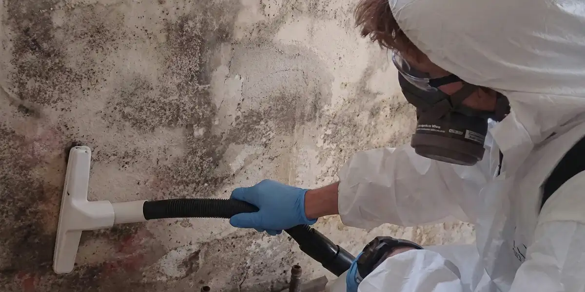 professional mold removal technician wearing protective equipment removing mold from a wall in Jersey City, NJ